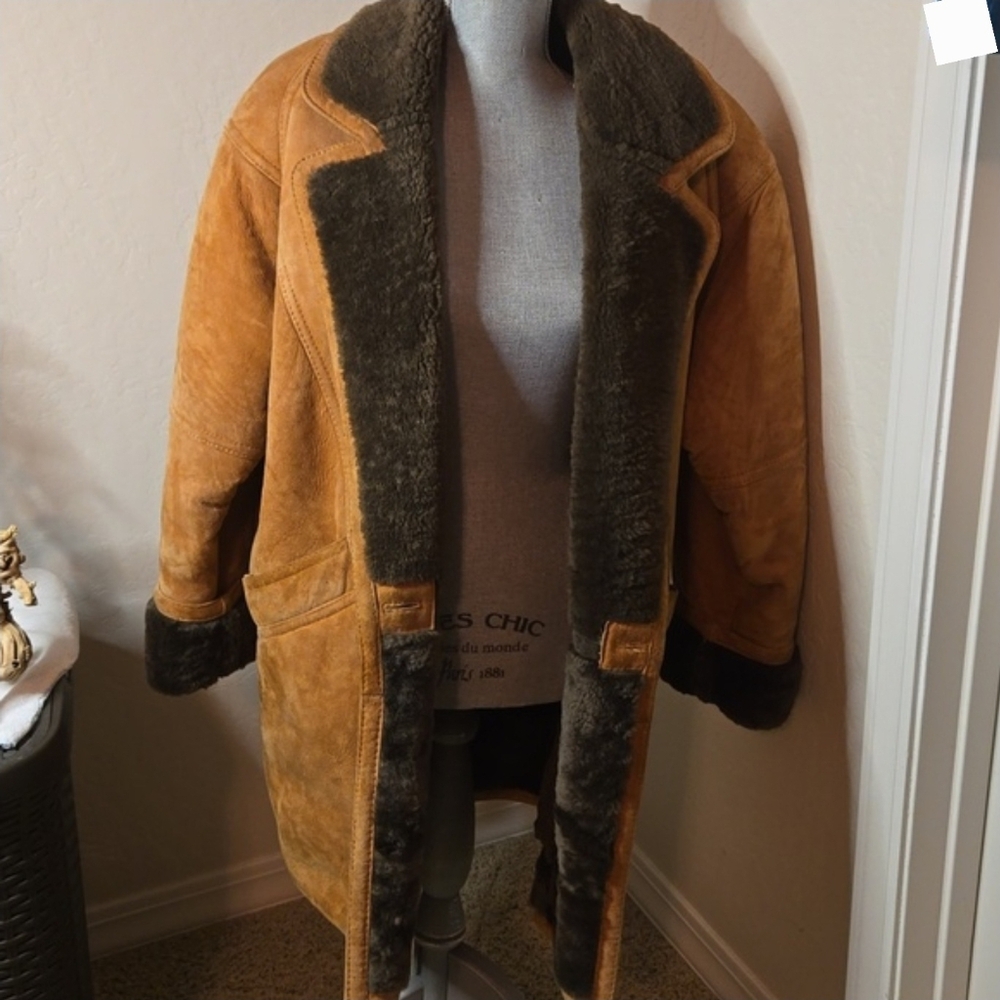 Vintage Suede Shearling Coat in Tan and Dark Brown